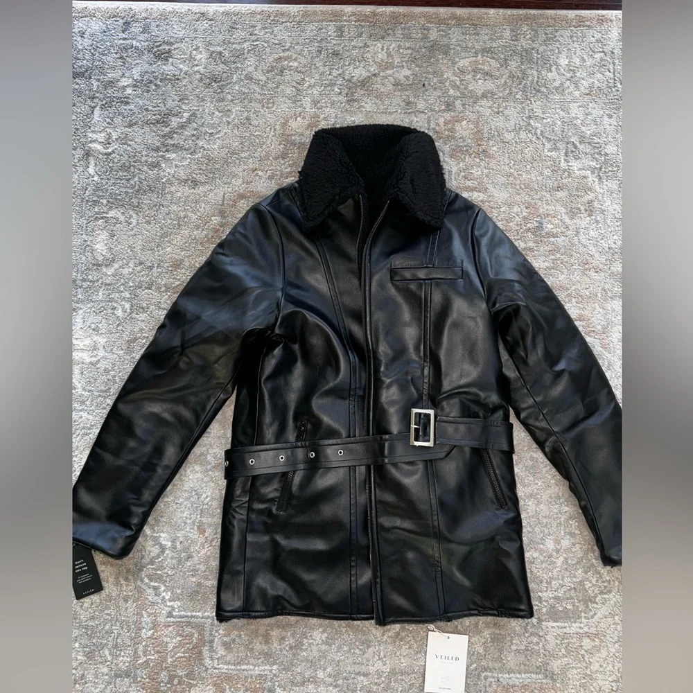 VEILED -Reversible Vegan Leather Sherpa Aviator Coat - Black - Picture 6 of 9